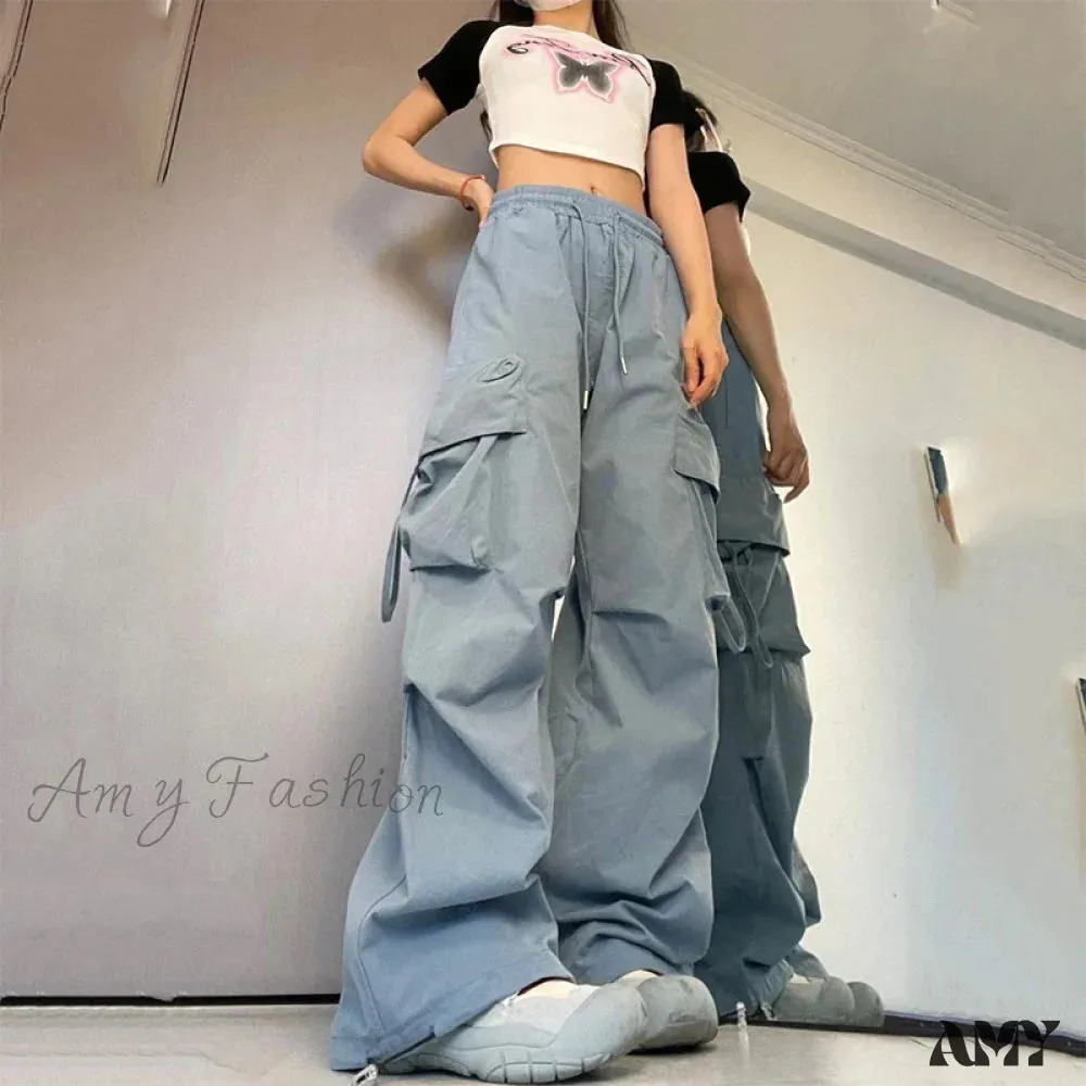 Vintage Large Pocket High Waist Wide Loose Fashion New Drawstring Trouser