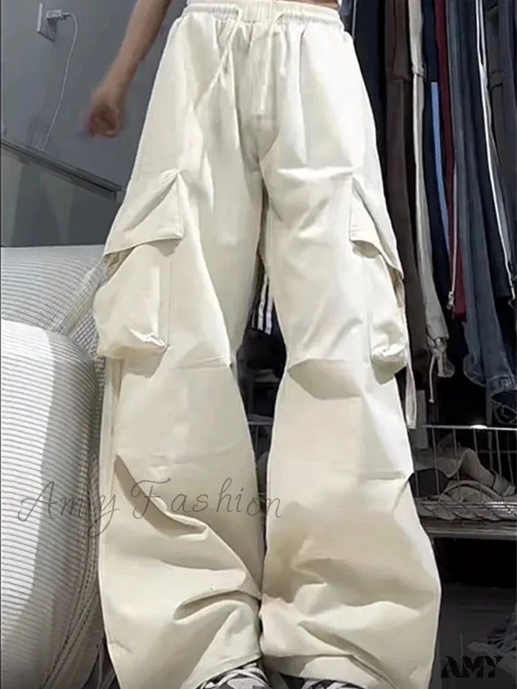 Vintage Large Pocket High Waist Wide Loose Fashion New Drawstring Trouser