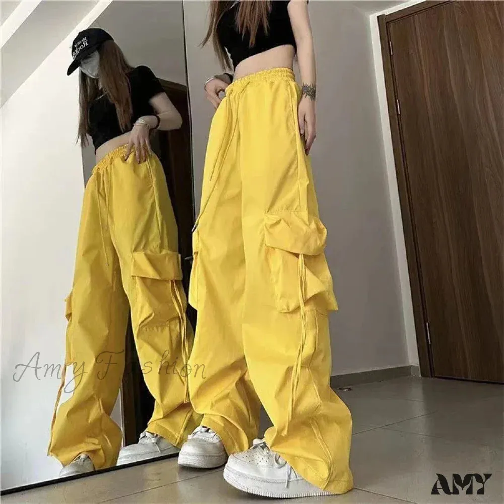 Vintage Large Pocket High Waist Wide Loose Fashion New Drawstring Trouser