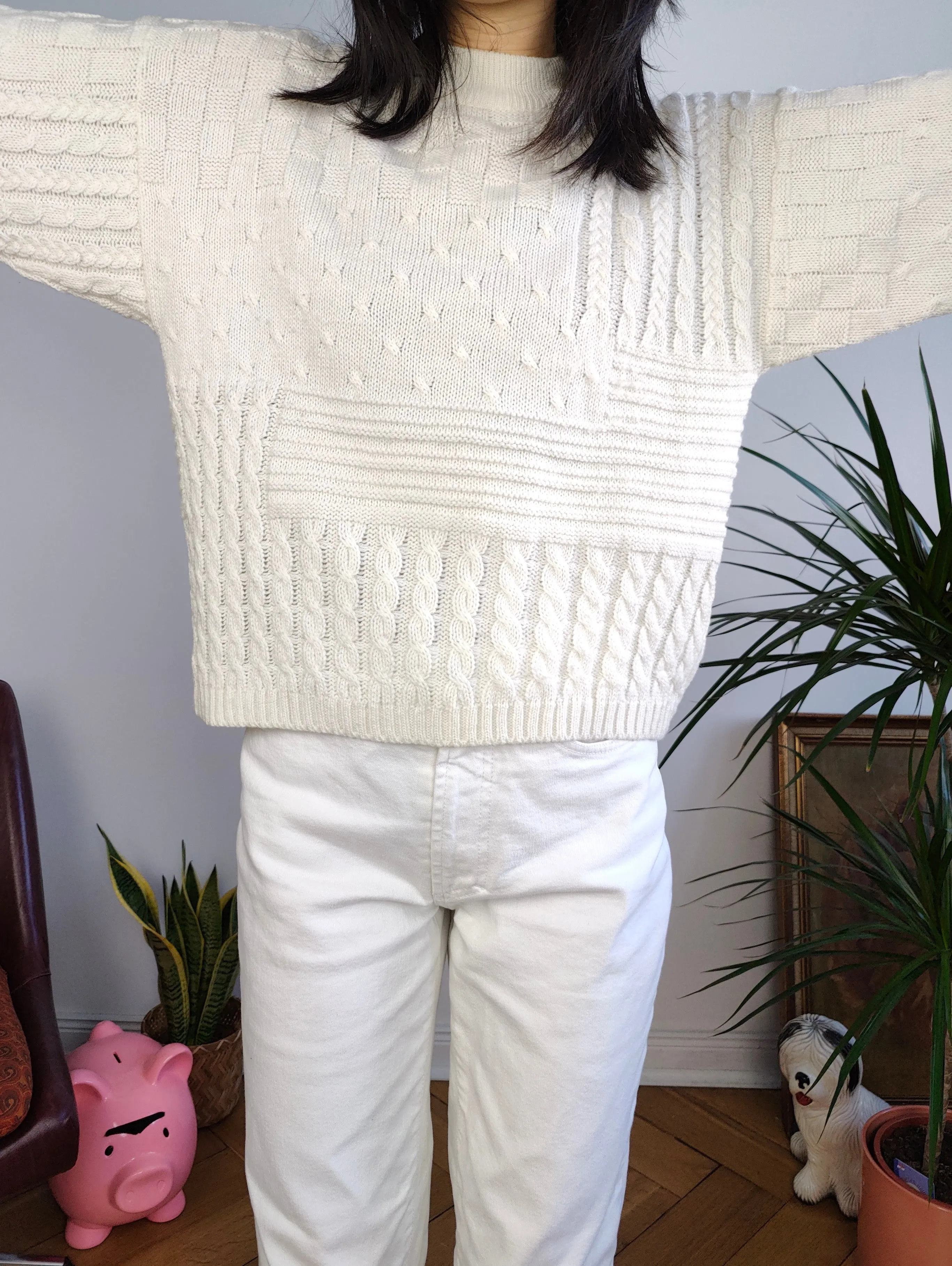 Vintage wool blend knitted sweater white structural cable knit pattern pullover jumper S