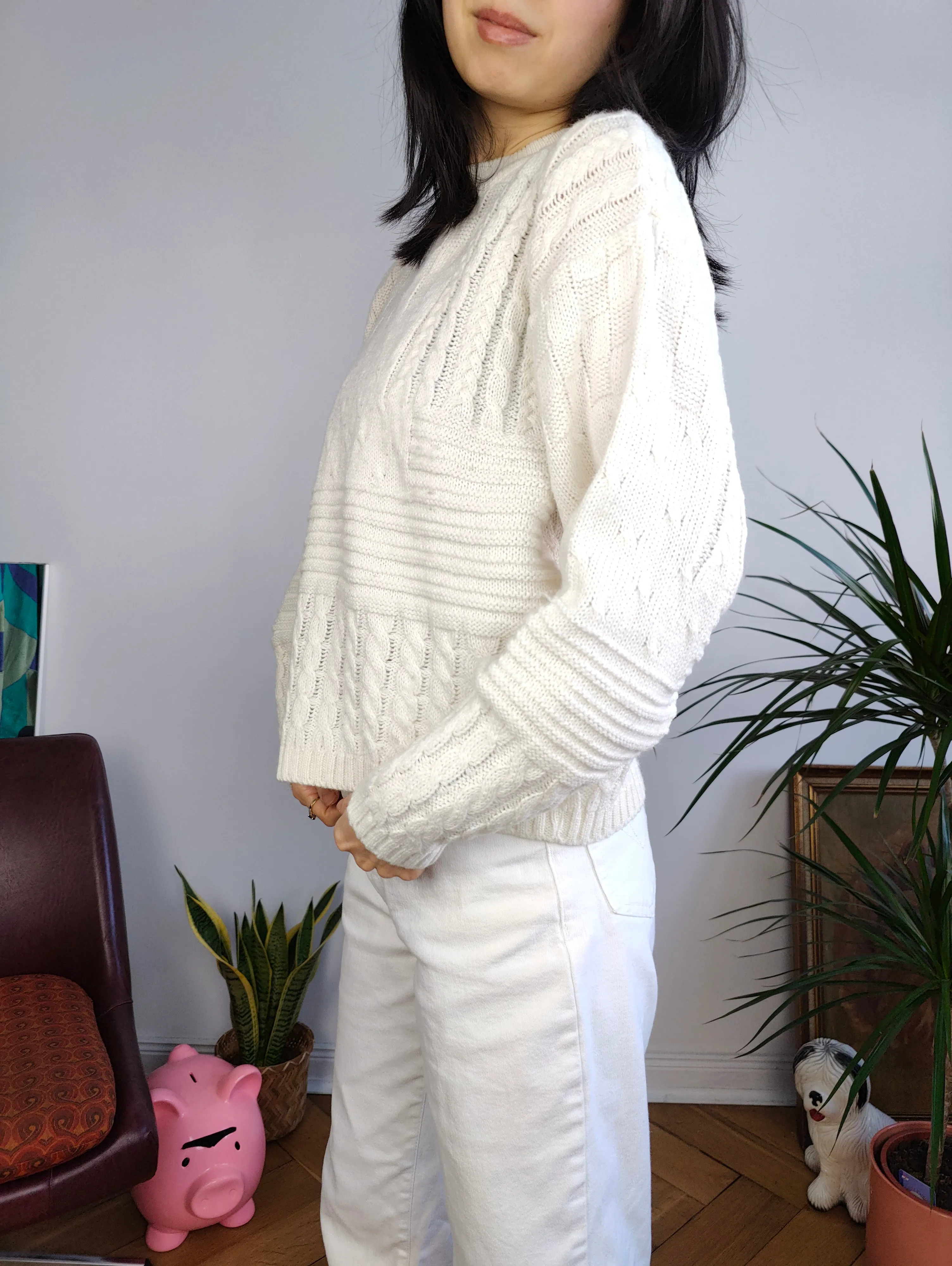 Vintage wool blend knitted sweater white structural cable knit pattern pullover jumper S
