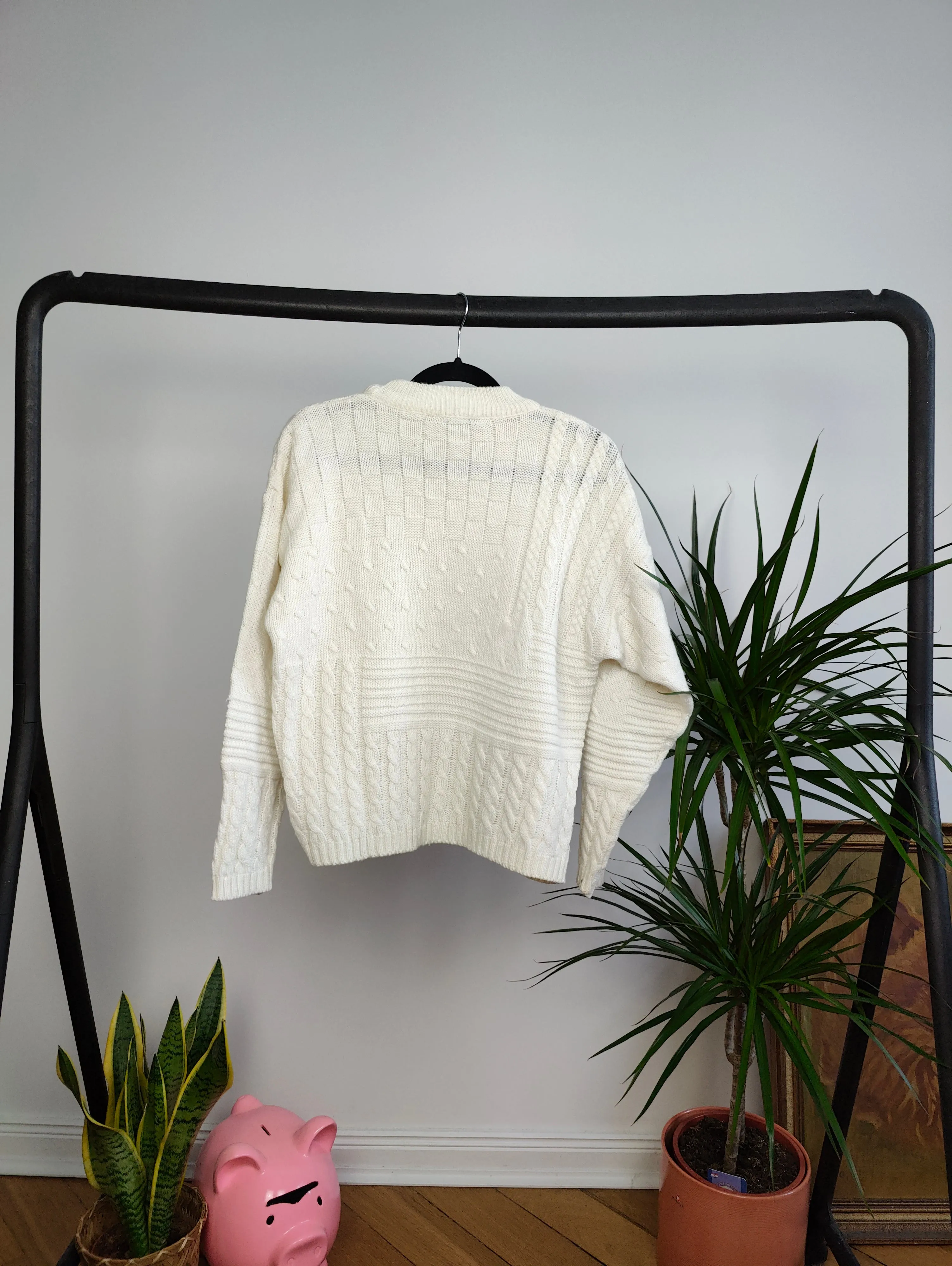 Vintage wool blend knitted sweater white structural cable knit pattern pullover jumper S
