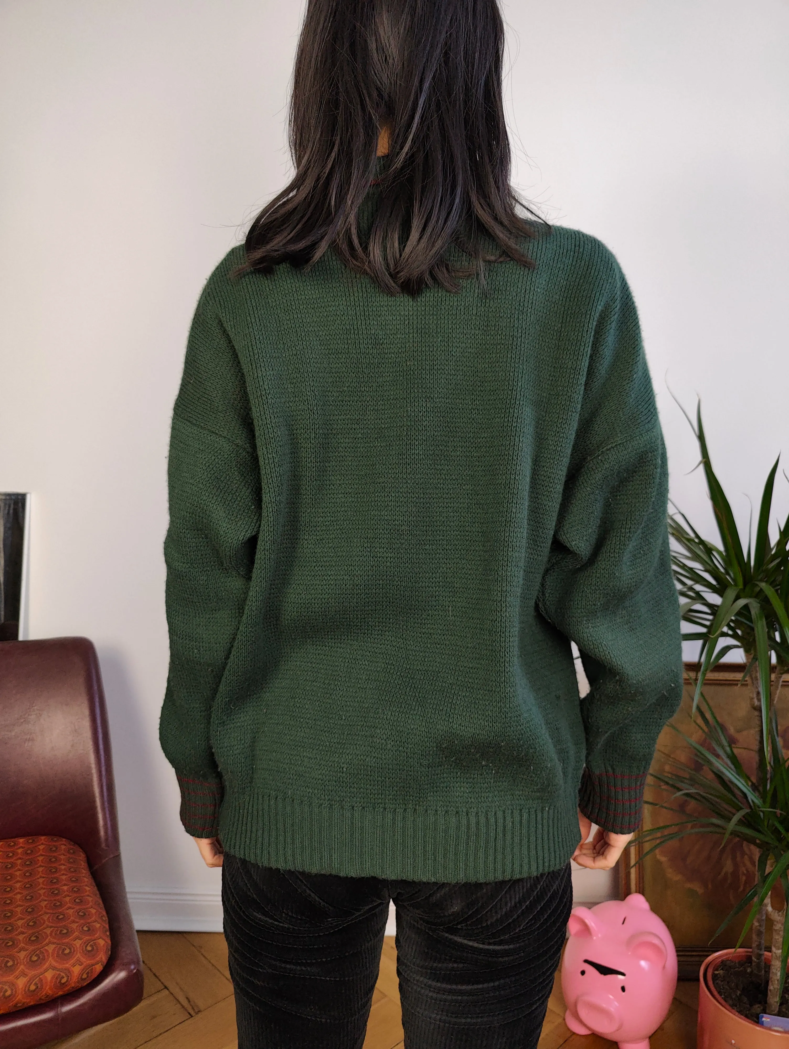 Vintage wool mix knit polo sweater green plain knitted pullover jumper embroidery logo women unisex men M