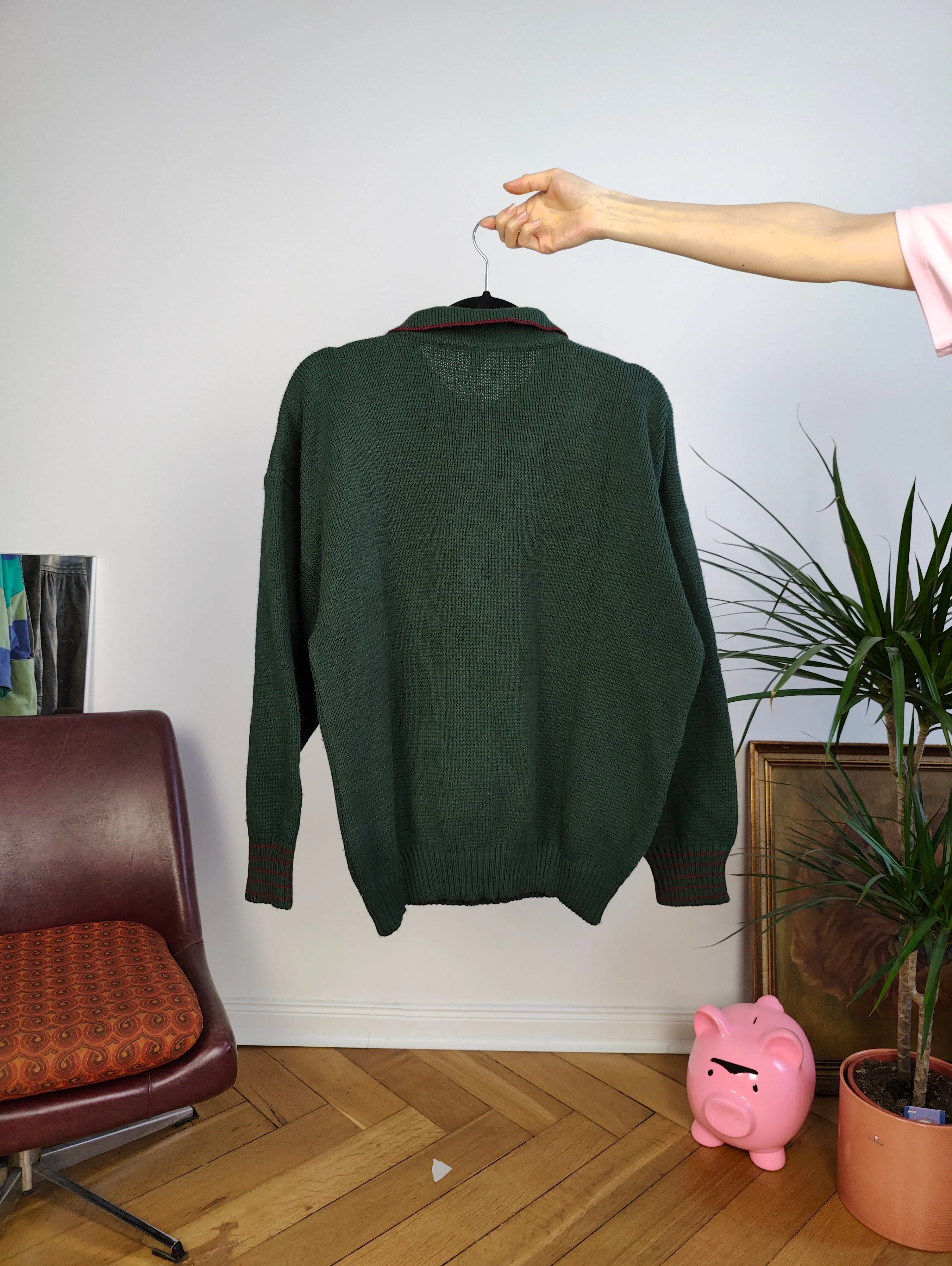 Vintage wool mix knit polo sweater green plain knitted pullover jumper embroidery logo women unisex men M