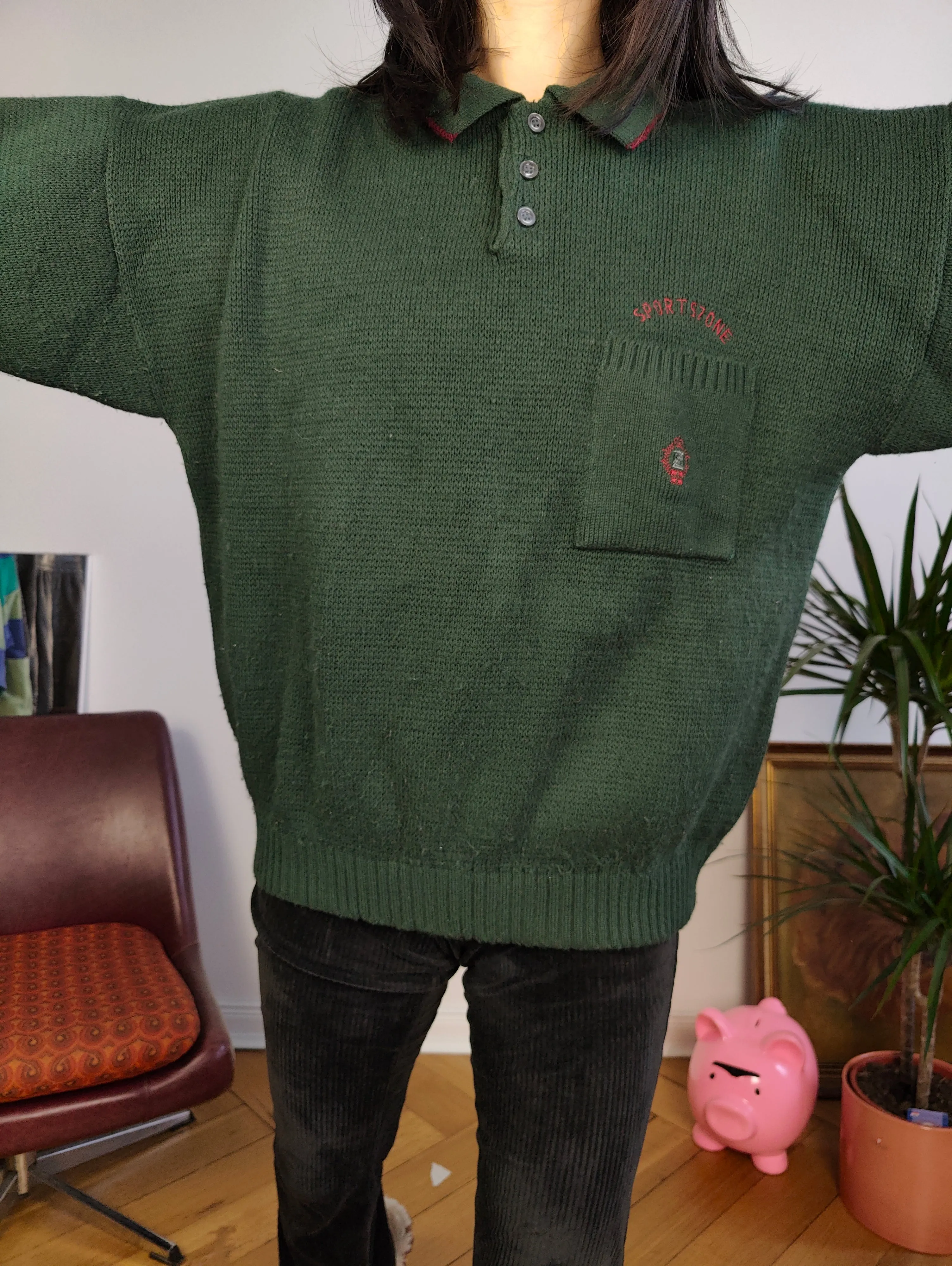 Vintage wool mix knit polo sweater green plain knitted pullover jumper embroidery logo women unisex men M