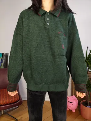 Vintage wool mix knit polo sweater green plain knitted pullover jumper embroidery logo women unisex men M