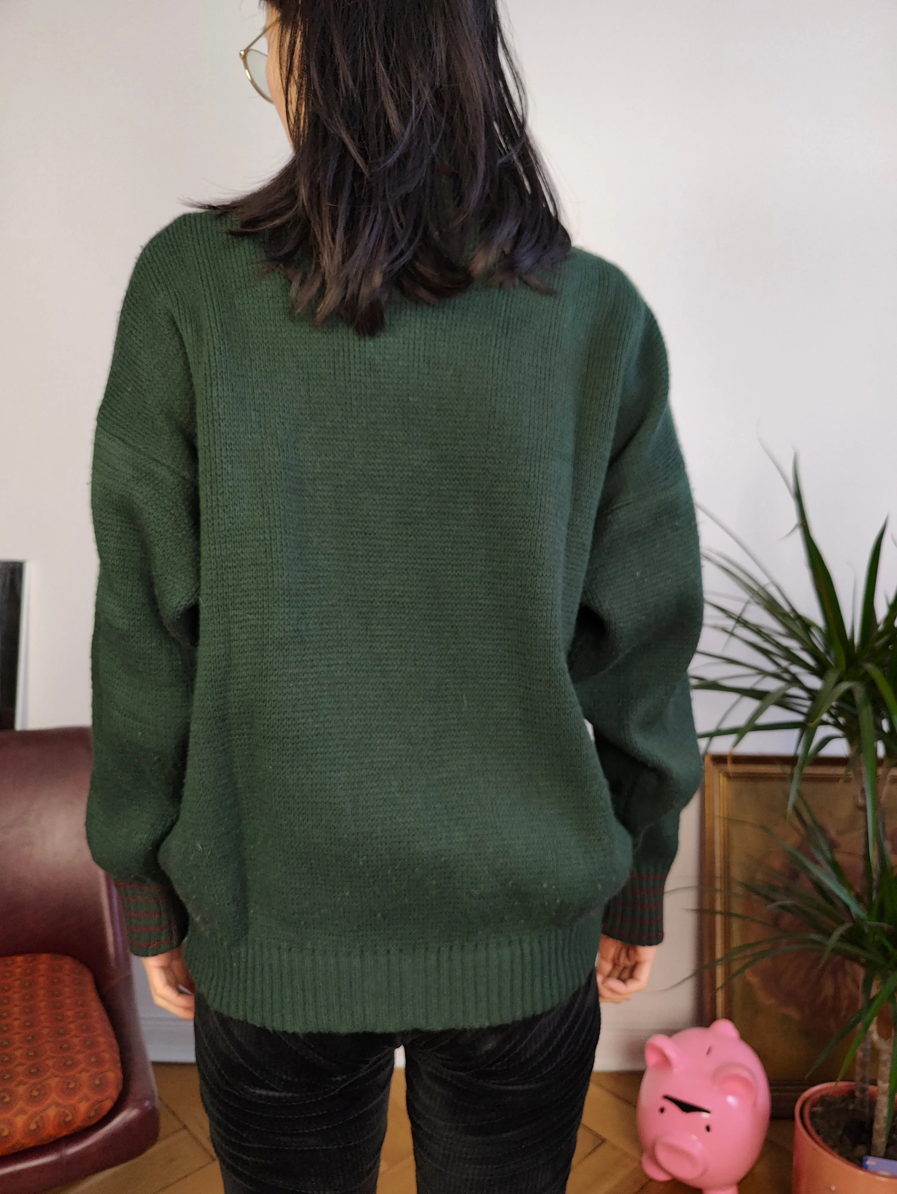 Vintage wool mix knit polo sweater green plain knitted pullover jumper embroidery logo women unisex men M
