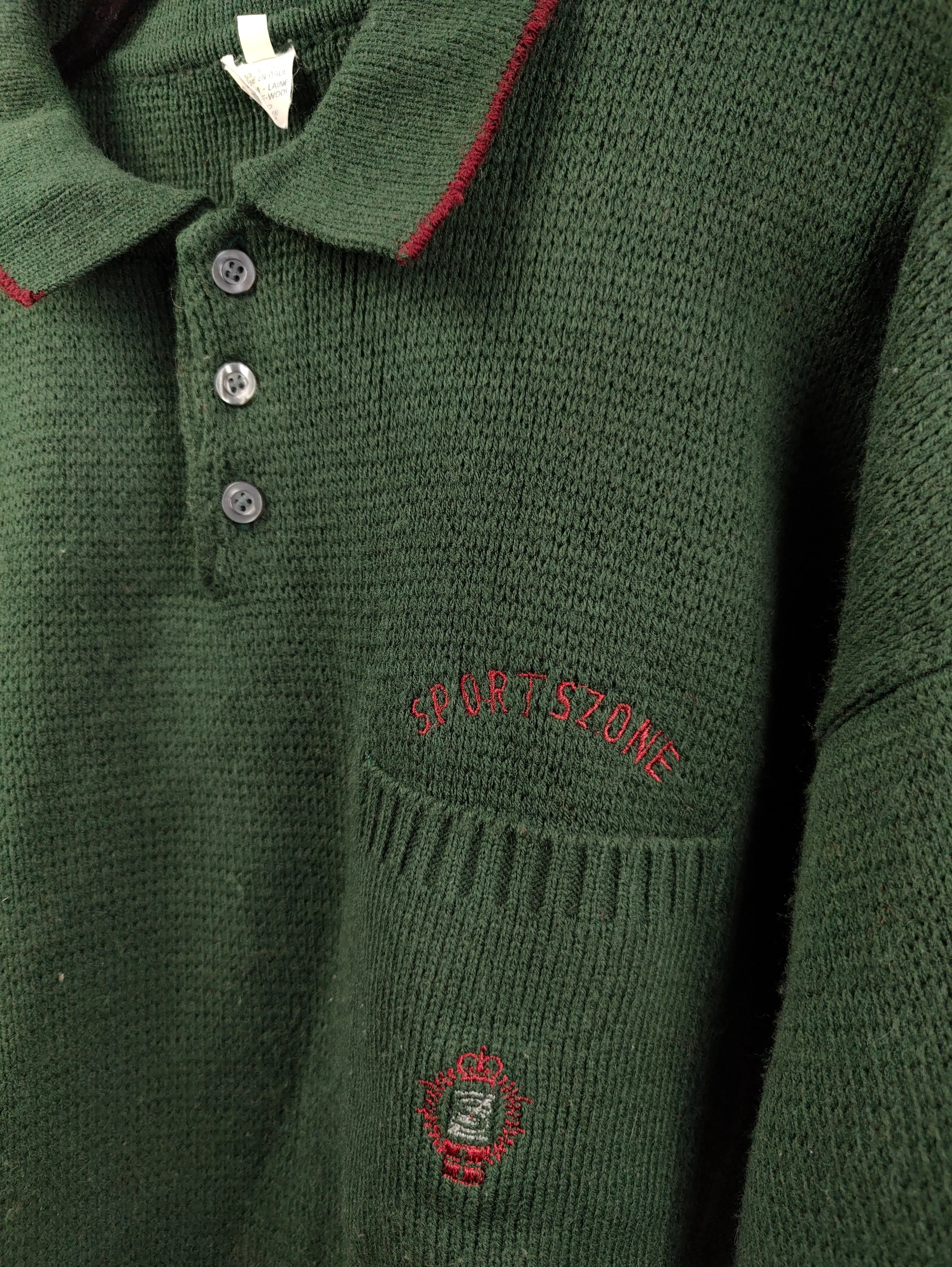 Vintage wool mix knit polo sweater green plain knitted pullover jumper embroidery logo women unisex men M