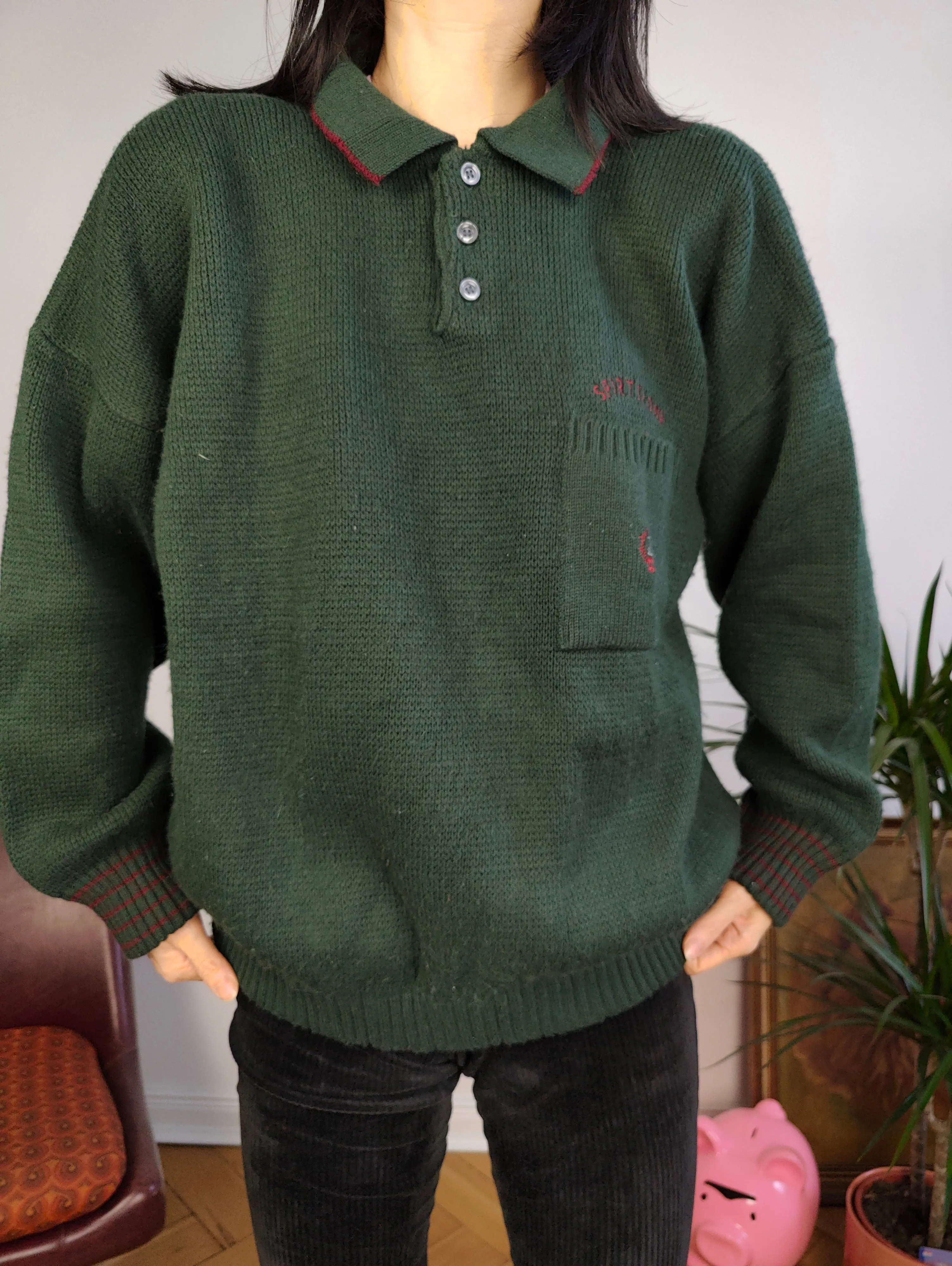 Vintage wool mix knit polo sweater green plain knitted pullover jumper embroidery logo women unisex men M