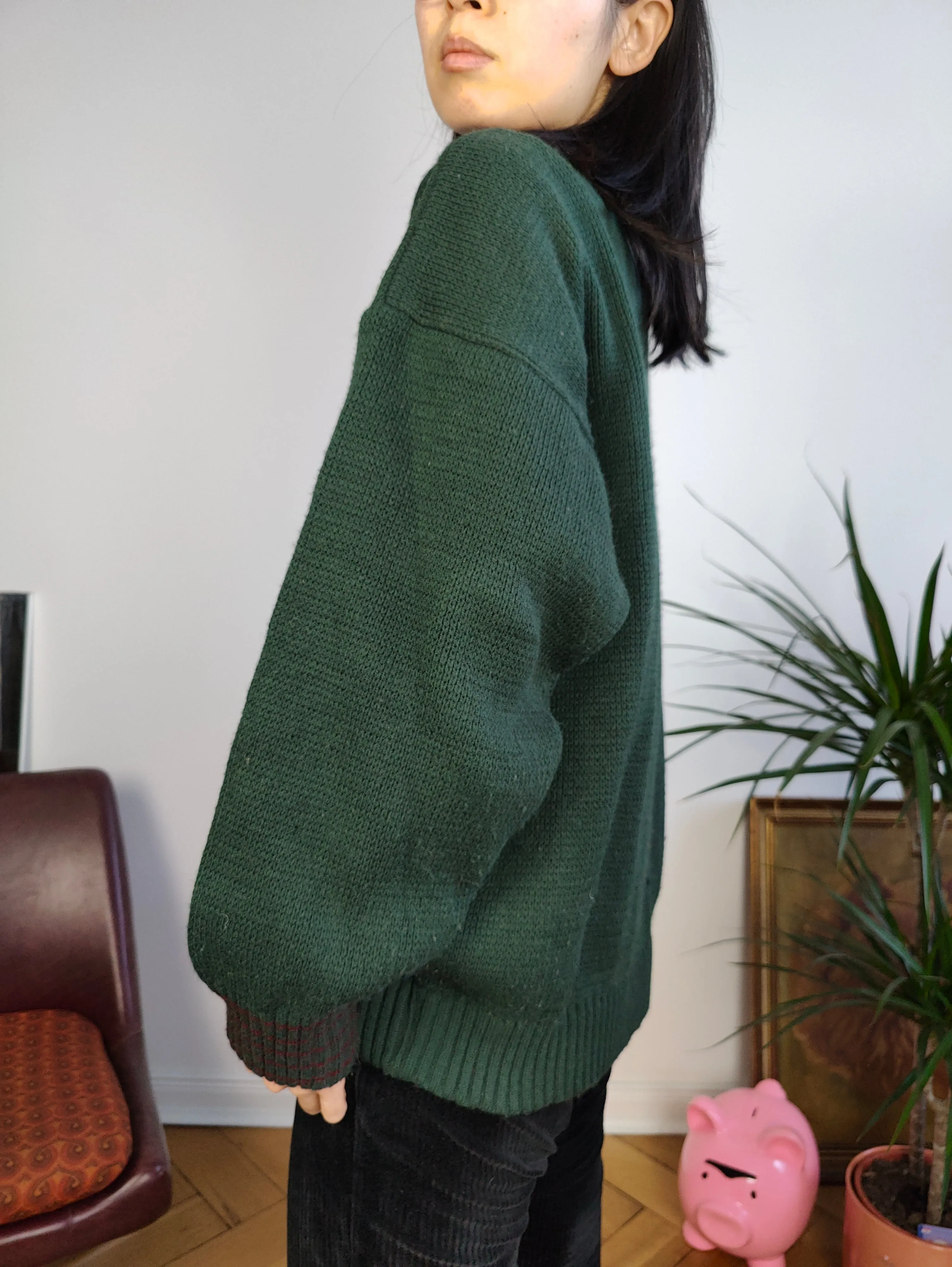Vintage wool mix knit polo sweater green plain knitted pullover jumper embroidery logo women unisex men M