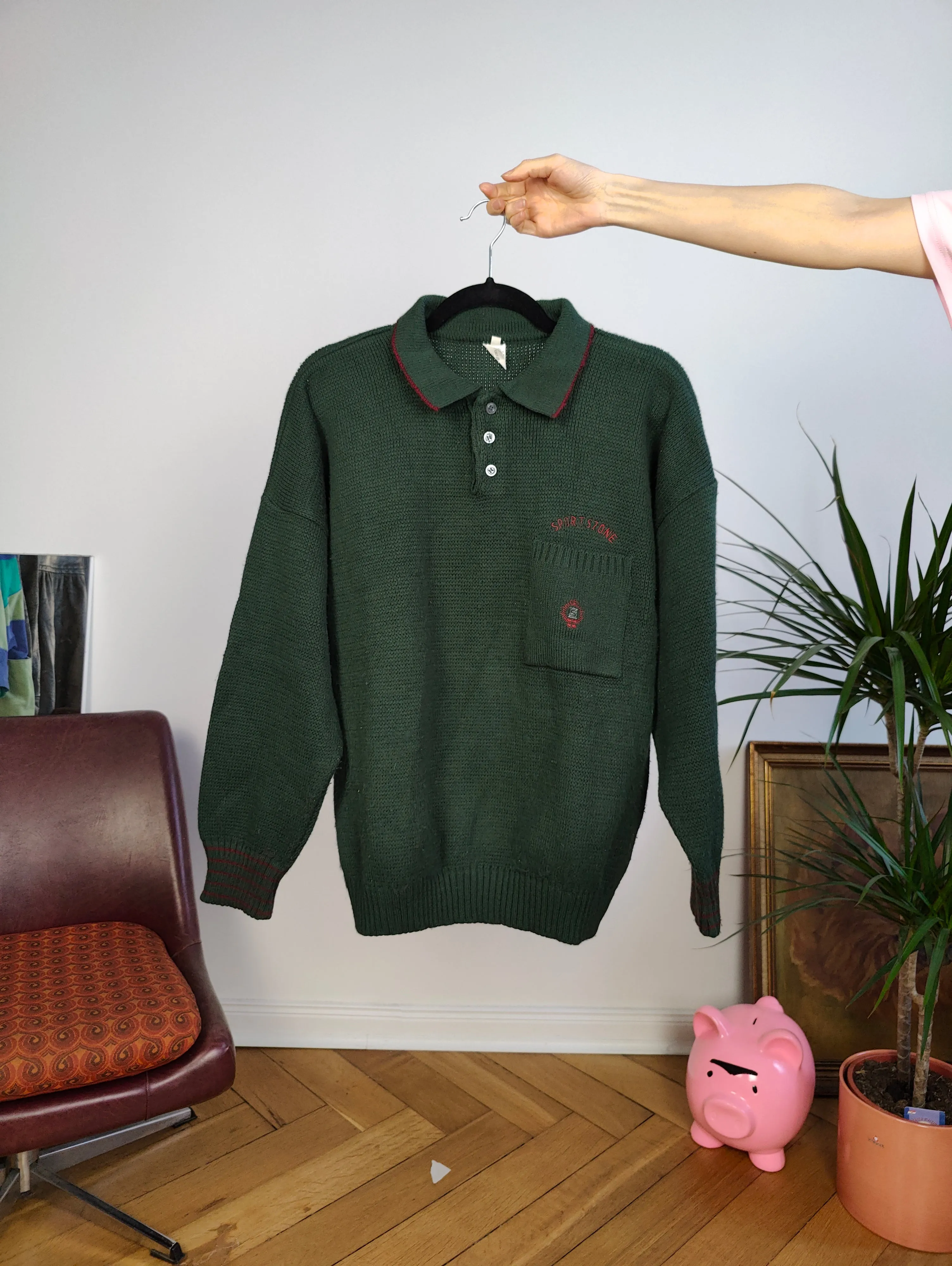 Vintage wool mix knit polo sweater green plain knitted pullover jumper embroidery logo women unisex men M