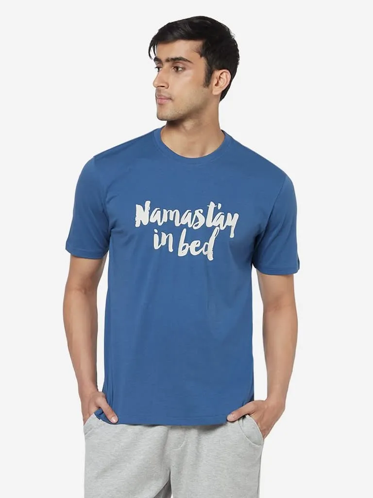 WES Lounge Blue Relaxed-Fit Text Design T-Shirt