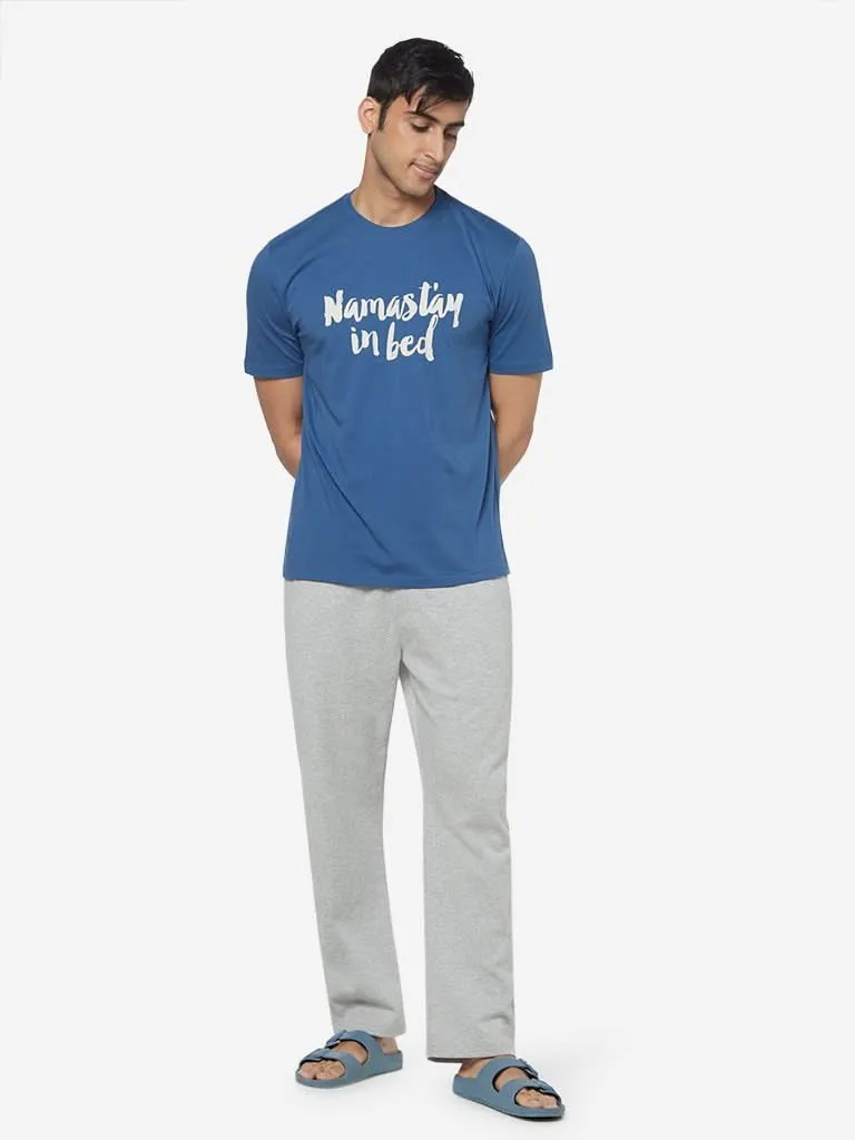 WES Lounge Blue Relaxed-Fit Text Design T-Shirt