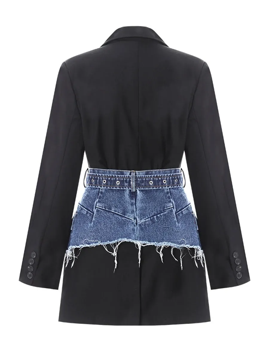 Women's Black Blazer with Denim Waistband