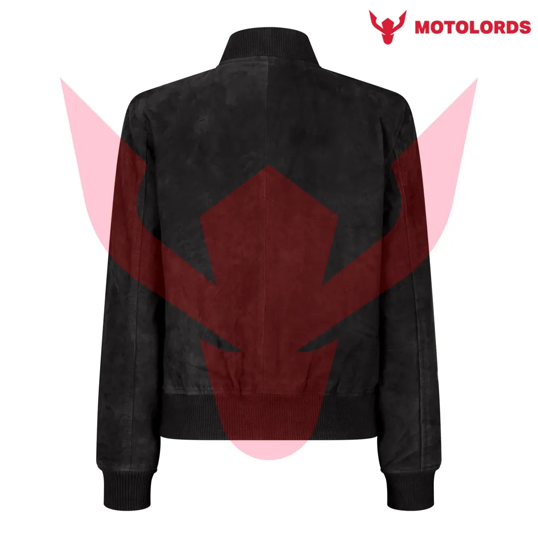 Womens Genuine Suede Bomber Jacket Leather Casual Varsity
