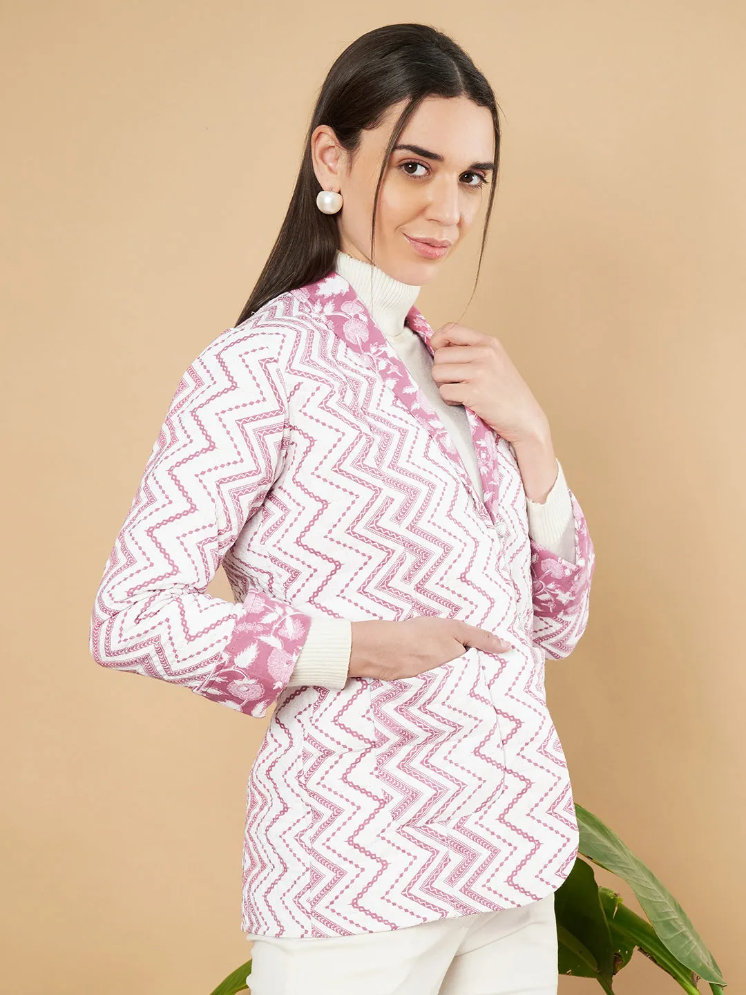 Women's Pink Quilted Jacket with Chevron Design