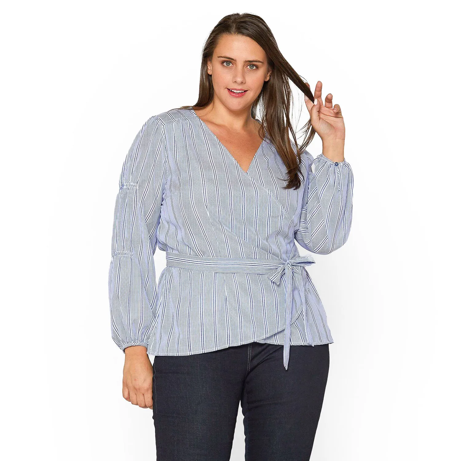 Women's Plus Size Stripe Wrap Blouse in Blue