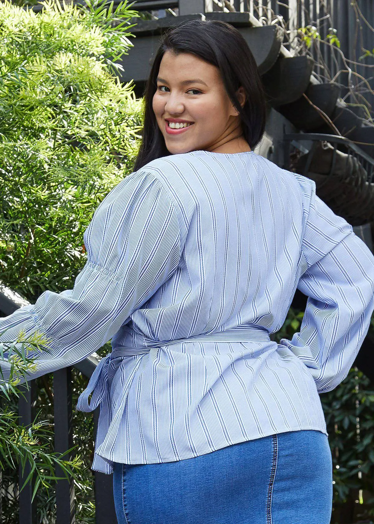 Women's Plus Size Stripe Wrap Blouse in Blue