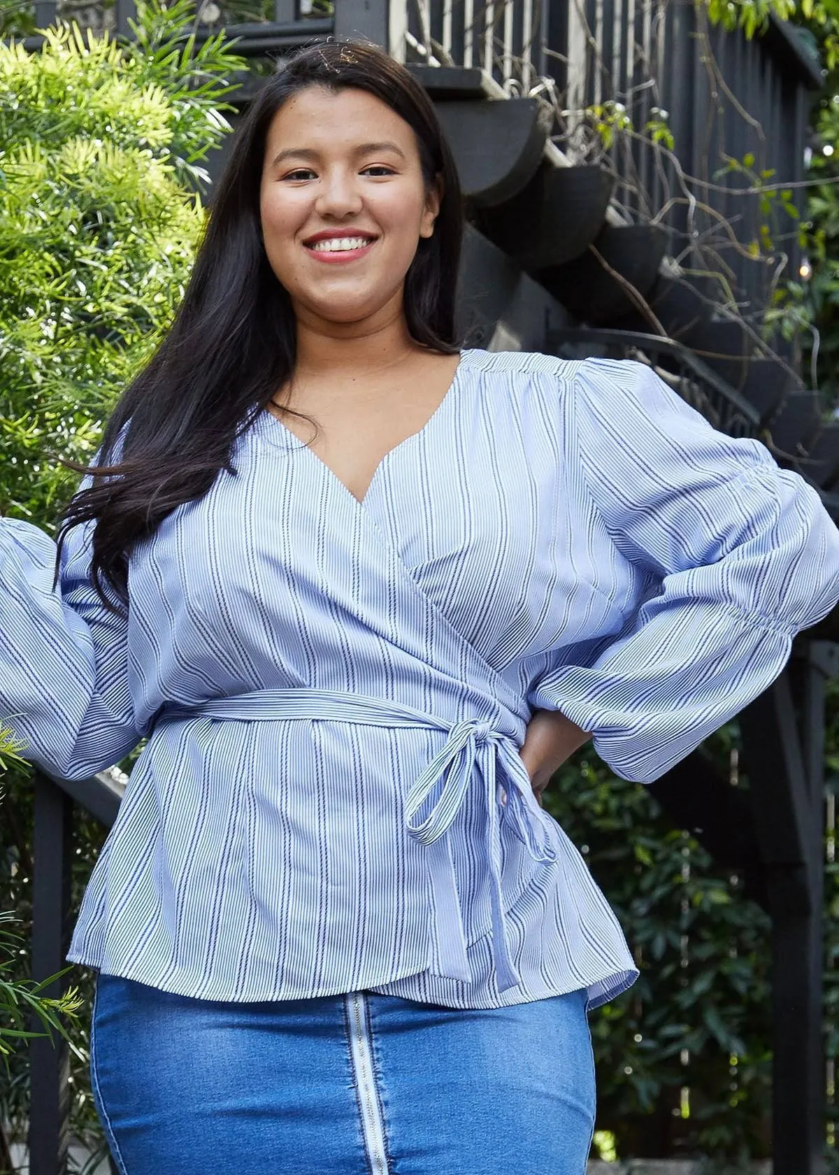 Women's Plus Size Stripe Wrap Blouse in Blue