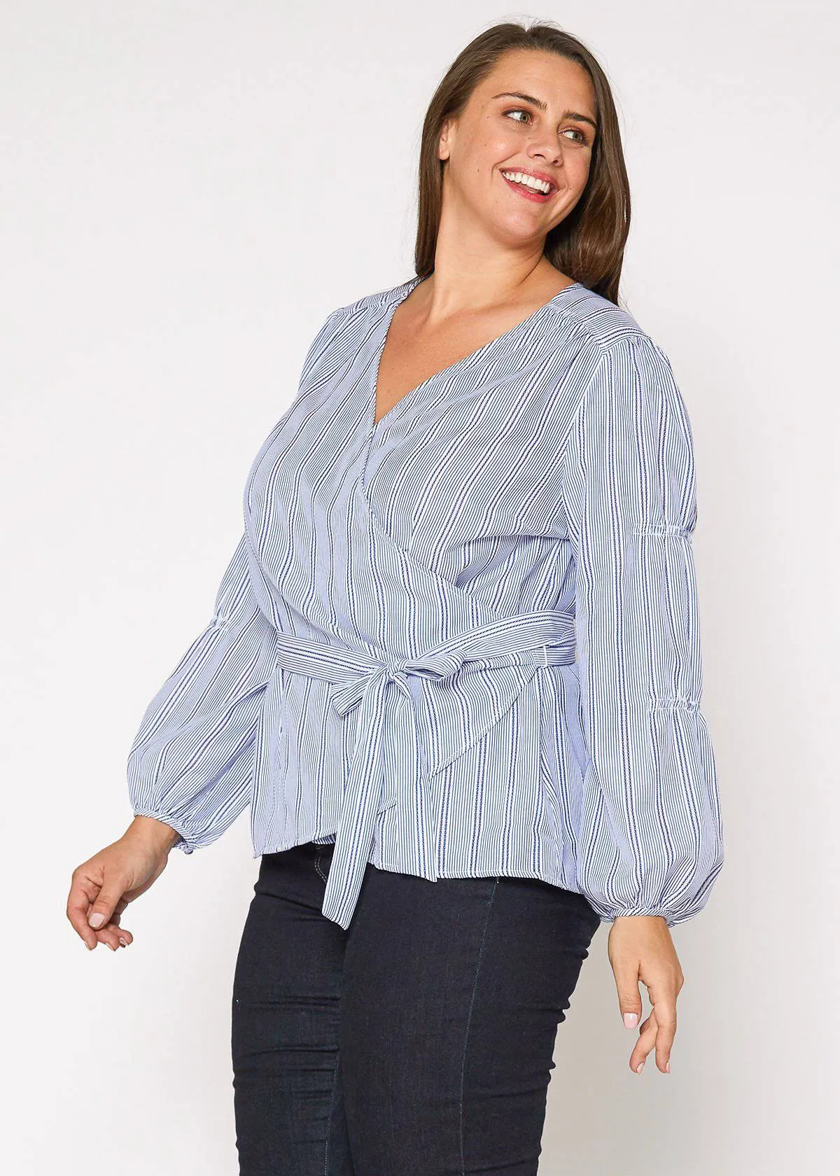 Women's Plus Size Stripe Wrap Blouse in Blue