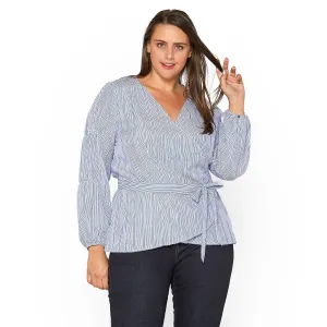 Women's Plus Size Stripe Wrap Blouse in Blue