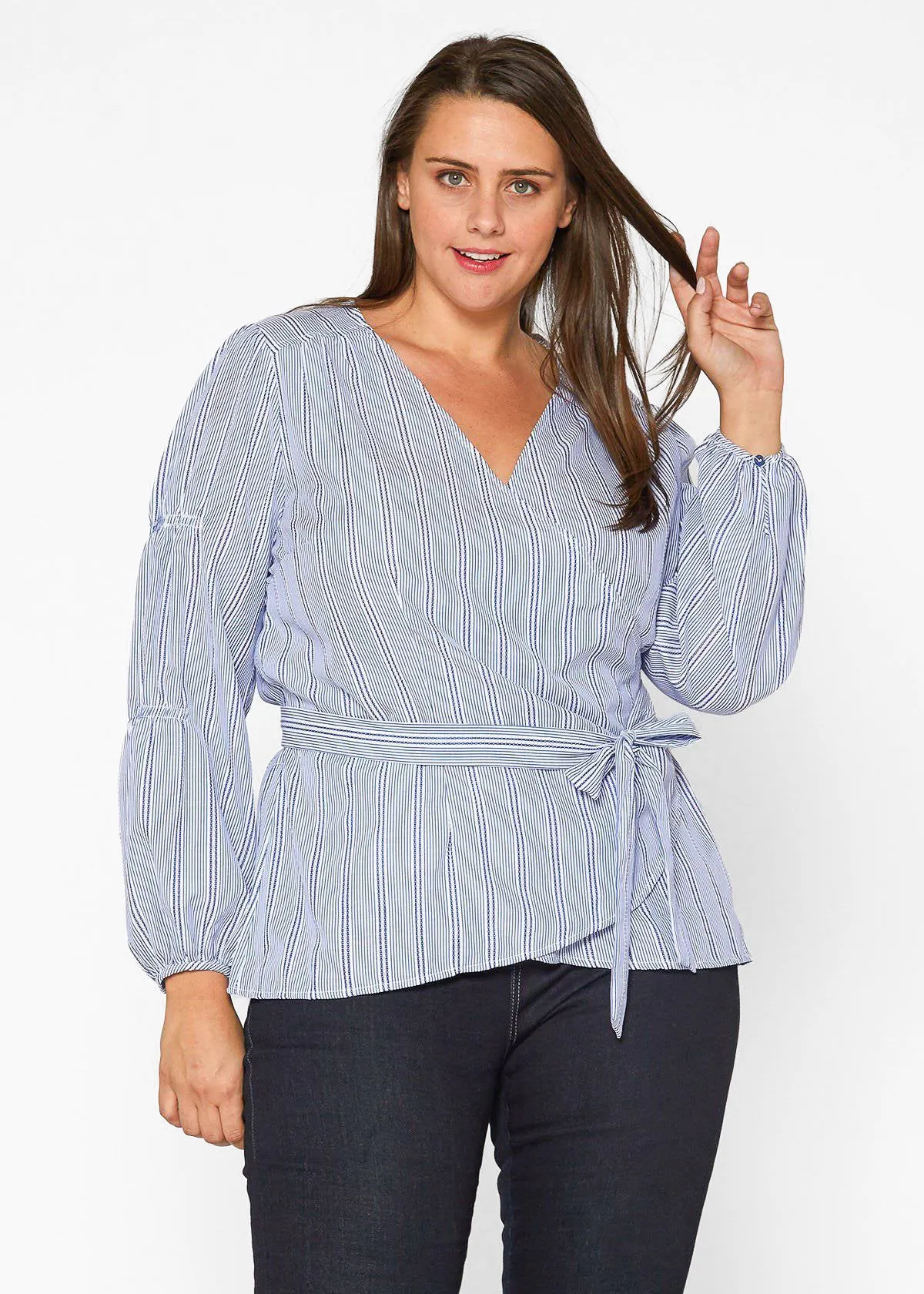 Women's Plus Size Stripe Wrap Blouse in Blue