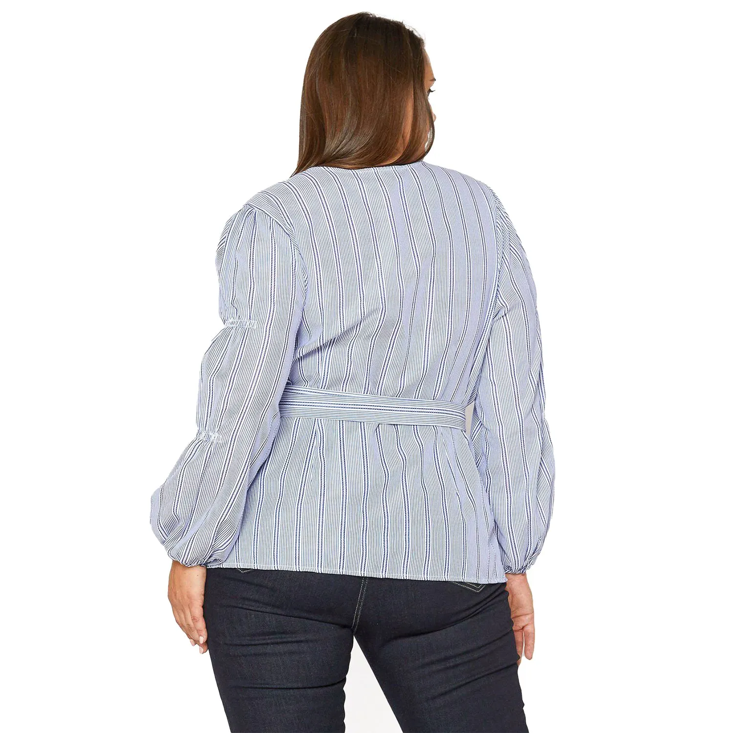 Women's Plus Size Stripe Wrap Blouse in Blue