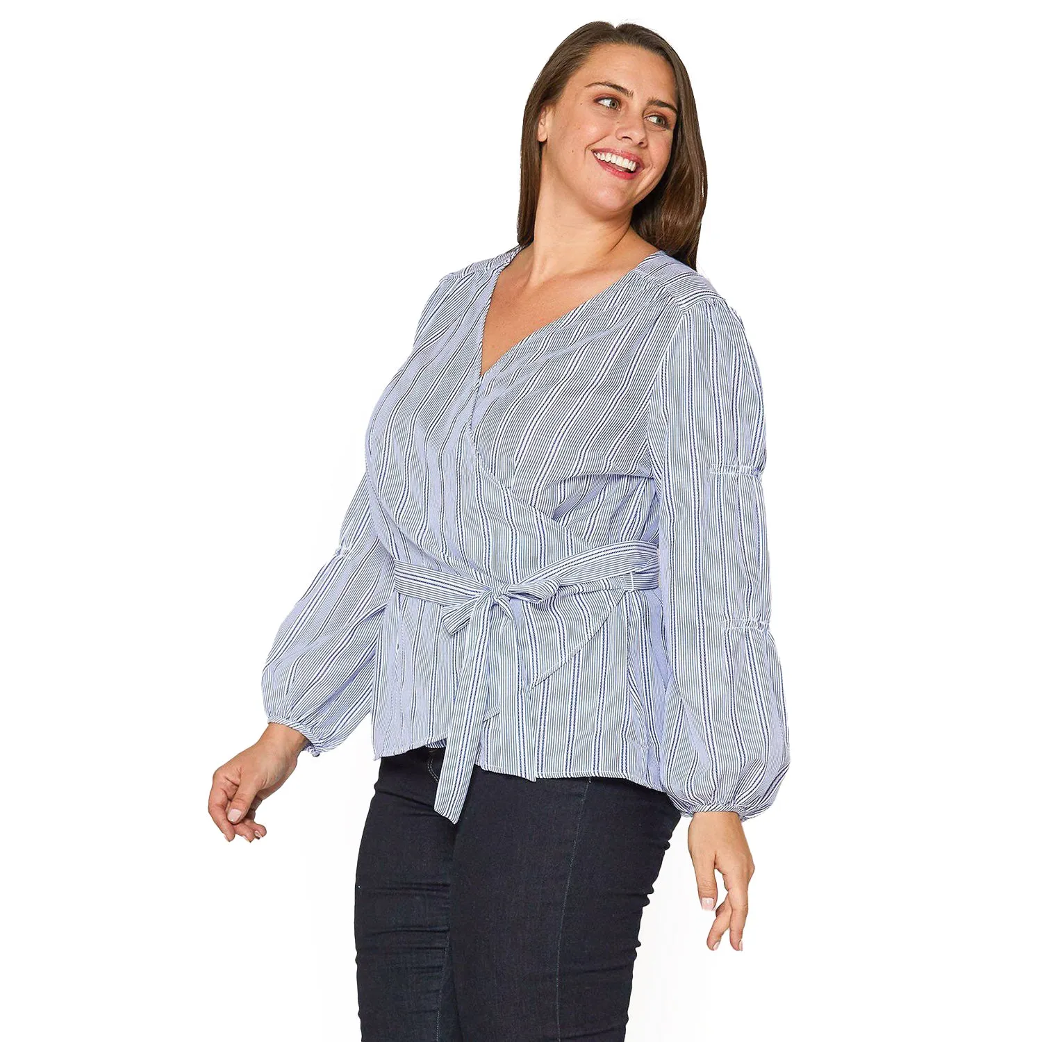 Women's Plus Size Stripe Wrap Blouse in Blue