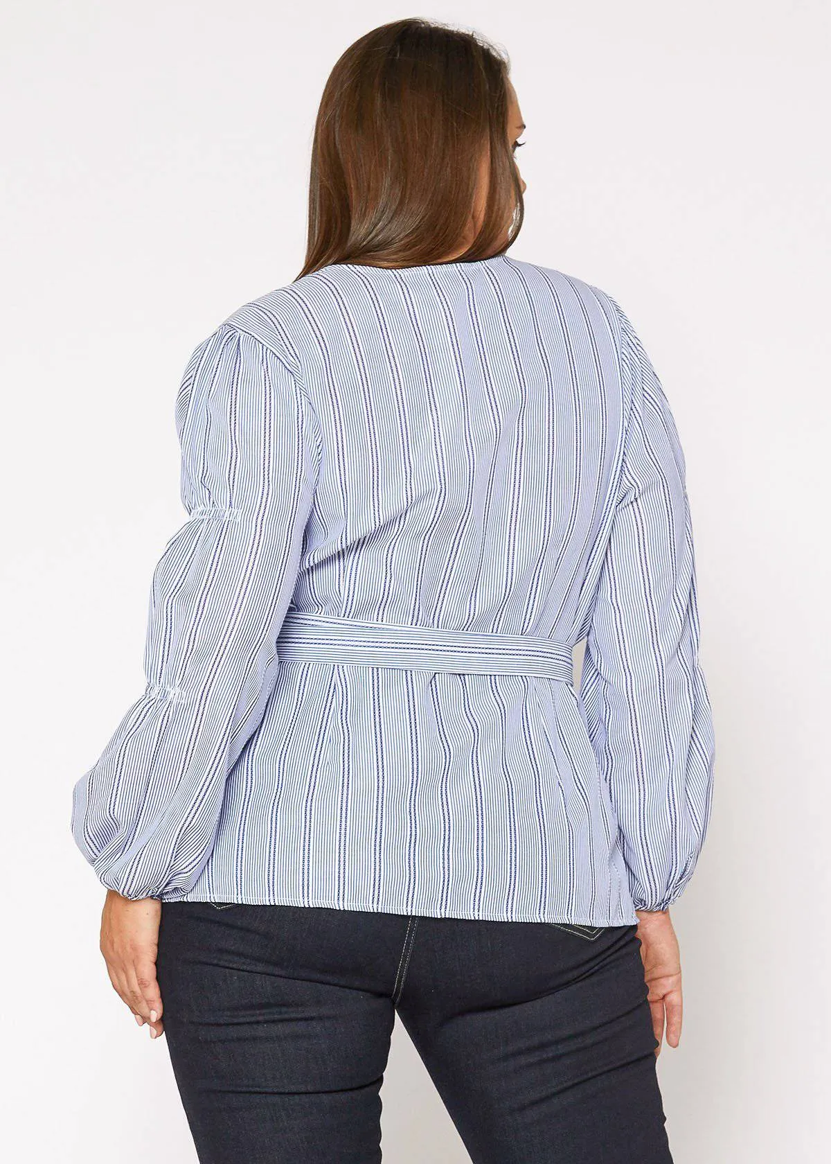 Women's Plus Size Stripe Wrap Blouse in Blue