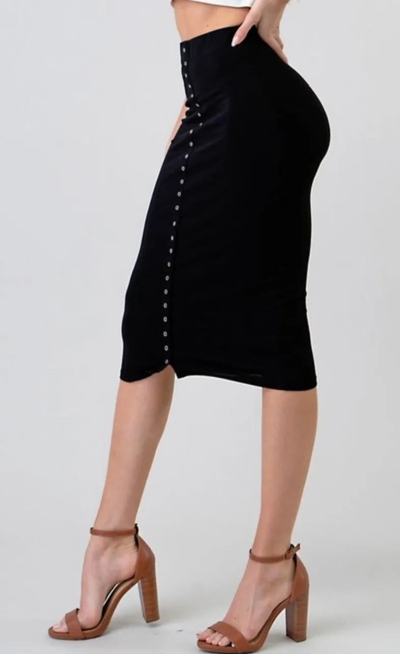 Women's Solid Knit Center Snap Button Midi Skirt