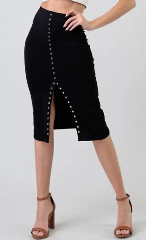 Women's Solid Knit Center Snap Button Midi Skirt