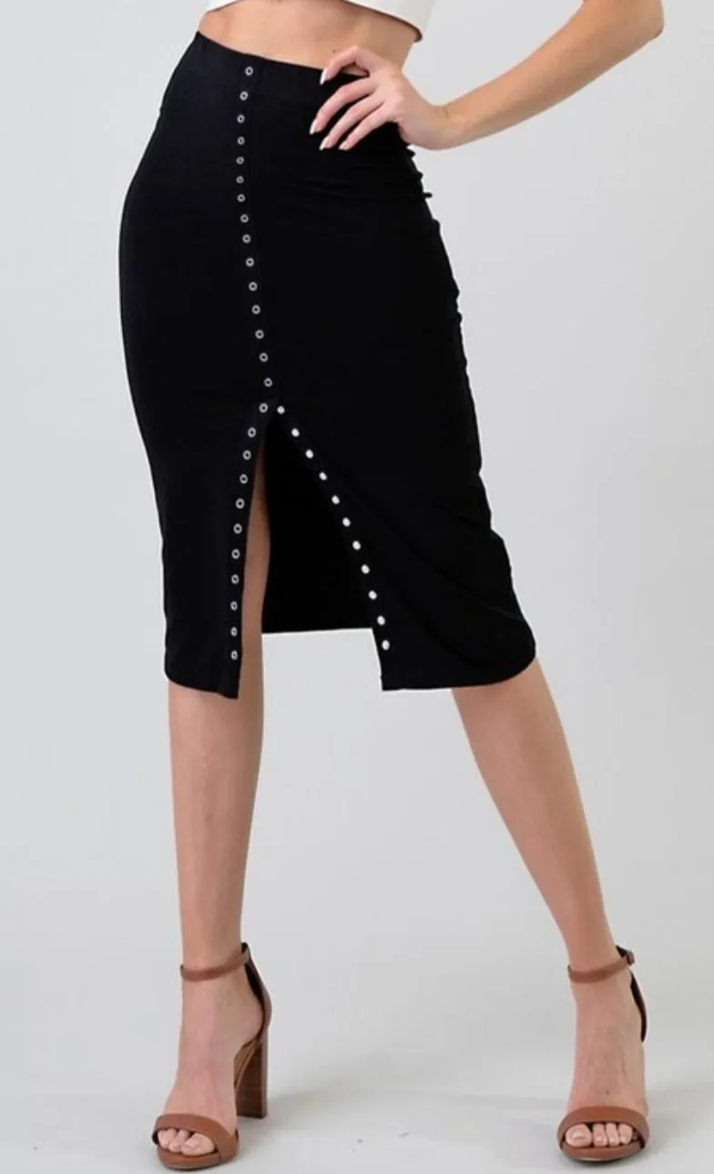 Women's Solid Knit Center Snap Button Midi Skirt