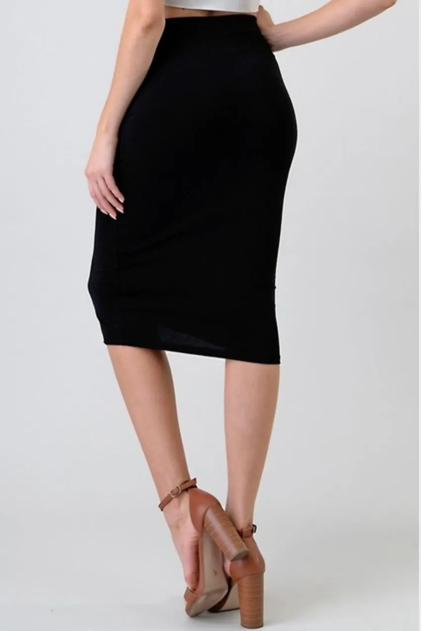 Women's Solid Knit Center Snap Button Midi Skirt