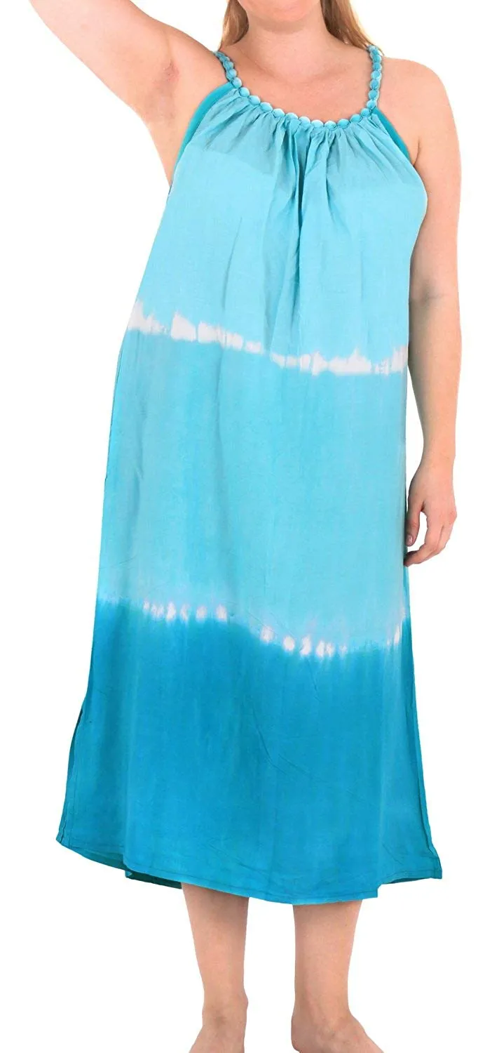 Women's Tie Dye Beachwear Sleeveless Rayon Loose Caftan Plus Cover up Turquoise