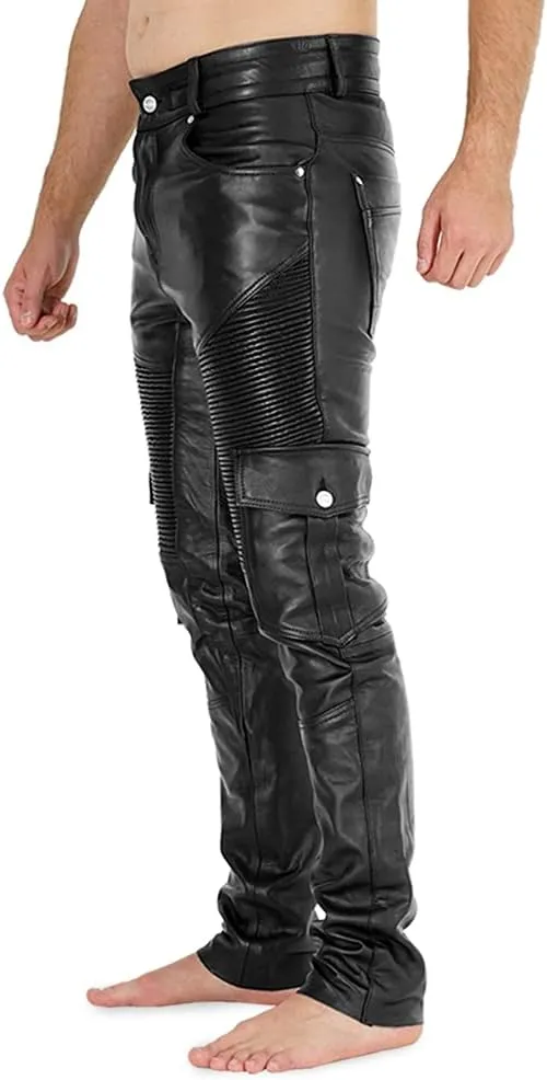 Ylira Men's Black Leather Cargo Pants