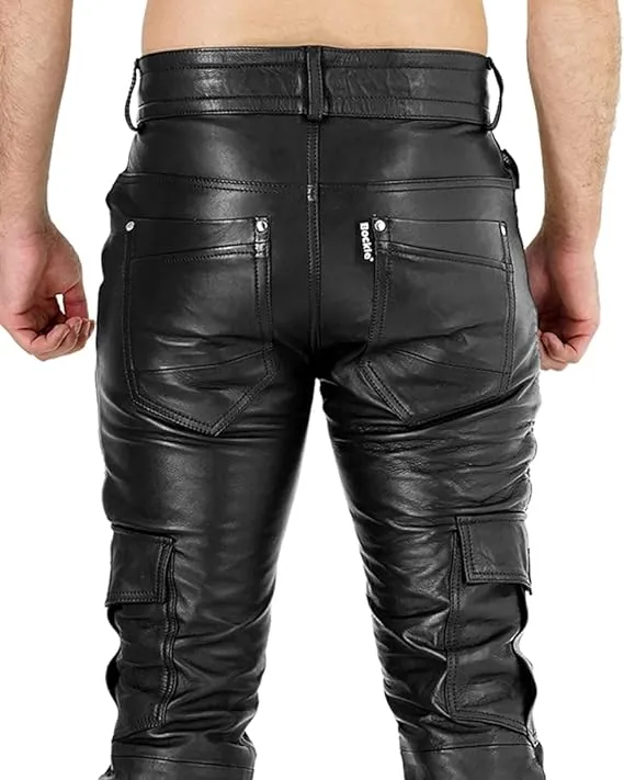 Ylira Men's Black Leather Cargo Pants