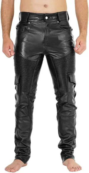 Ylira Men's Black Leather Cargo Pants