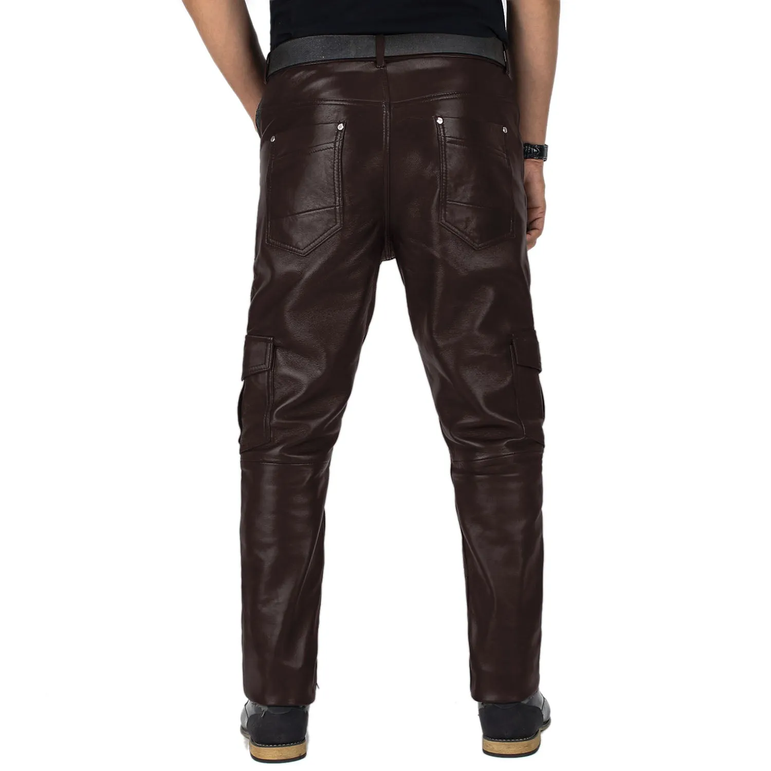 Ylira Men's Brown Leather Cargo Pants
